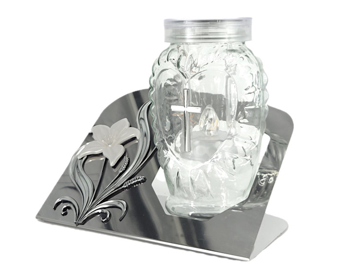 szklany znicz solarny z motywem kwiatu kalia na metalowej podstawie, srebrny lub złoty akcent