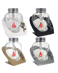 znicz solarny na metalowej podstawie z różą, szkło o kształcie serca, różne kolory