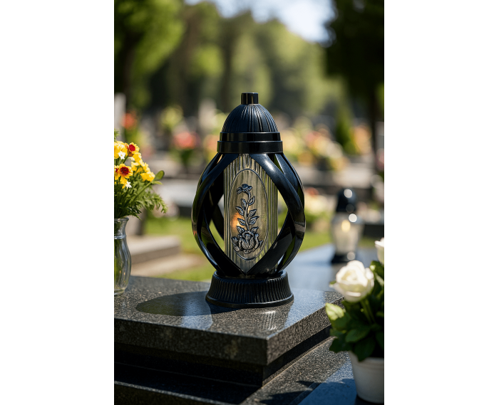 Piękny lampion 28cm wstęga czarna ze srebrnym kwiatem oryginalny kształ