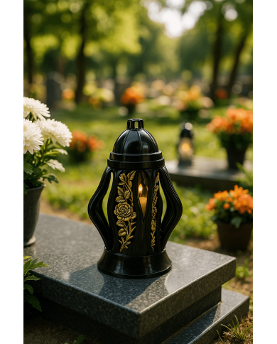 Duży znicz 35cm z pięknym motywem kwiatów nowy wzór ażurowy czarny złoty