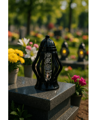 Duży znicz 35cm z pięknym motywem kwiatów nowy wzór ażurowy czarny srebrny