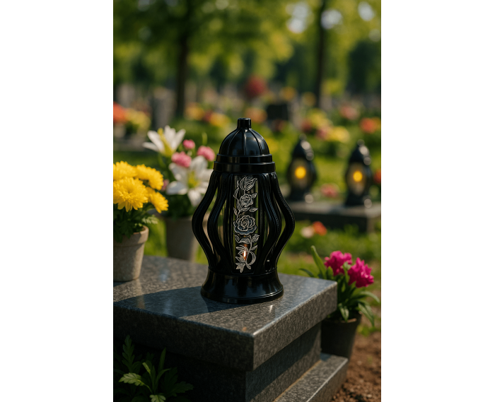 Duży znicz 35cm z pięknym motywem kwiatów nowy wzór ażurowy czarny srebrny