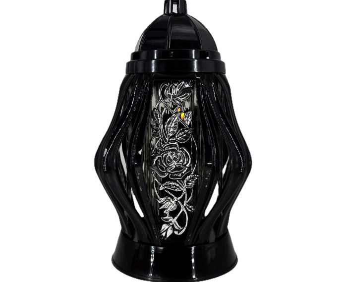 Duży znicz 35cm z pięknym motywem kwiatów nowy wzór ażurowy czarny srebrny