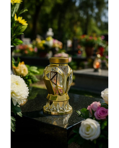 Piękny złoty znicz Solarny LED 25cm nowoczesny lampion metalizowany z różą Piękny złoty znicz Solarny LED 25cm nowoczesny lampion metalizowany z różą