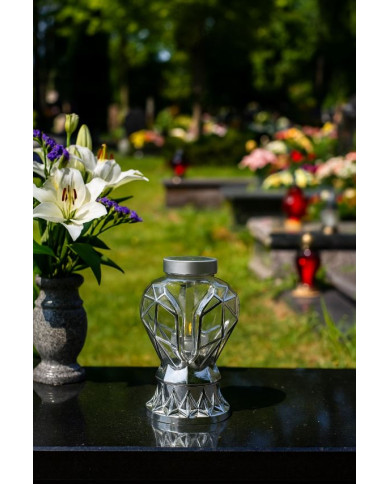 Piękny srebrny znicz Solarny LED 25cm nowoczesny lampion metalizowany róża Piękny srebrny znicz Solarny LED 25cm nowoczesny lampion metalizowany róża