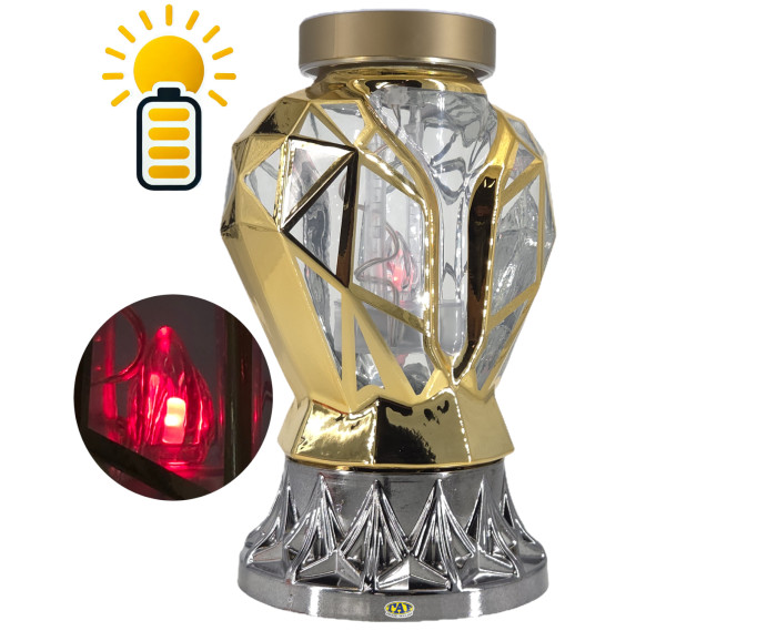 Piękny złoty znicz Solarny LED 25cm nowoczesny lampion metalizowany z różą