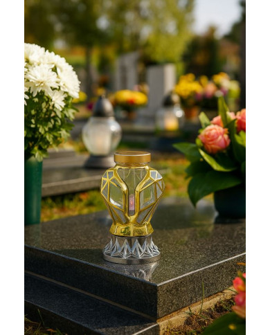 Piękny złoty znicz Solarny LED 25cm nowoczesny lampion metalizowany z różą Piękny złoty znicz Solarny LED 25cm nowoczesny lampion metalizowany z różą