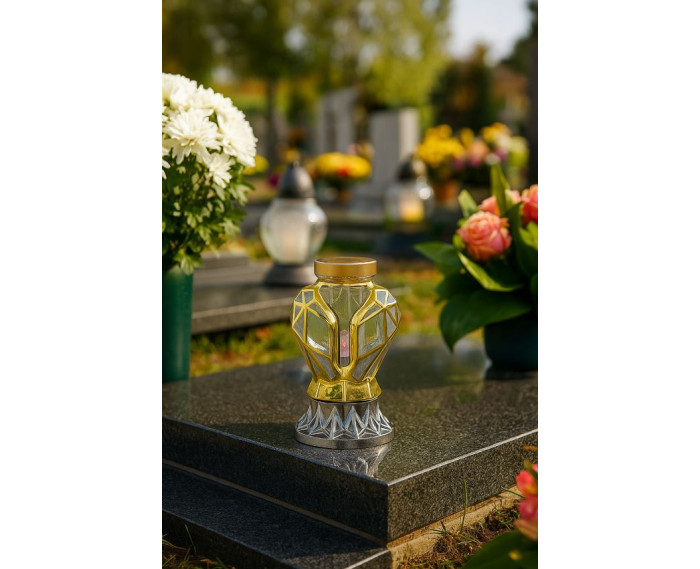 Piękny złoty znicz Solarny LED 25cm nowoczesny lampion metalizowany z różą