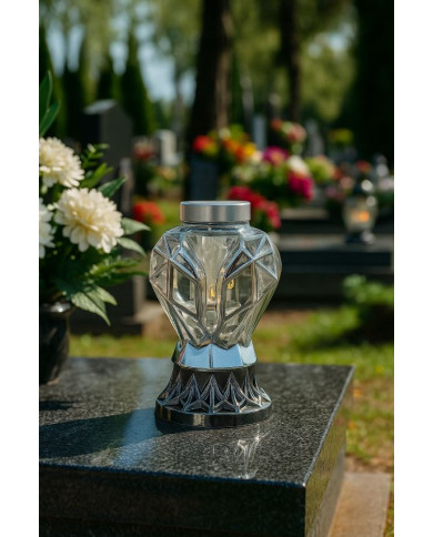 Piękny srebrny znicz Solarny LED 25cm nowoczesny lampion metalizowany róża Piękny srebrny znicz Solarny LED 25cm nowoczesny lampion metalizowany róża