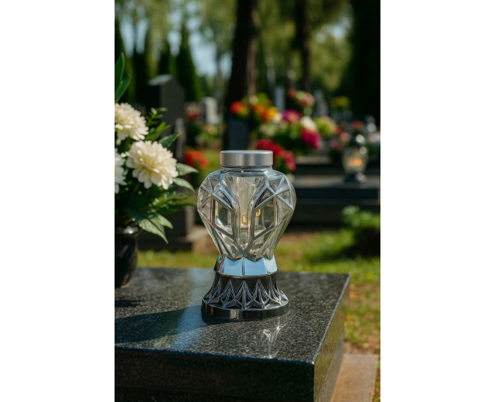 Piękny srebrny znicz Solarny LED 25cm nowoczesny lampion metalizowany róża