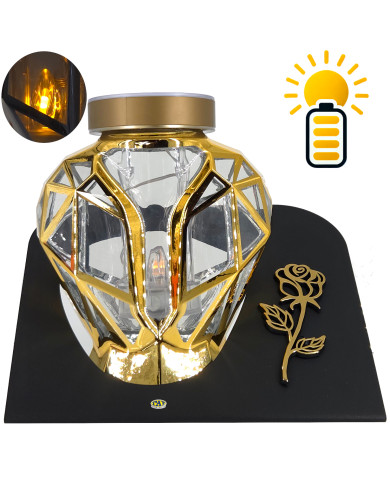Piękny złoty znicz Solarny LED 21cm lampion metalizowany z różą