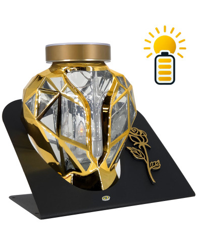 Piękny złoty znicz Solarny LED 21cm lampion metalizowany z różą