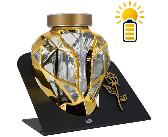 Piękny złoty znicz Solarny LED 21cm lampion metalizowany z różą