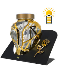 Piękny złoty znicz Solarny LED 21cm lampion metalizowany z różą