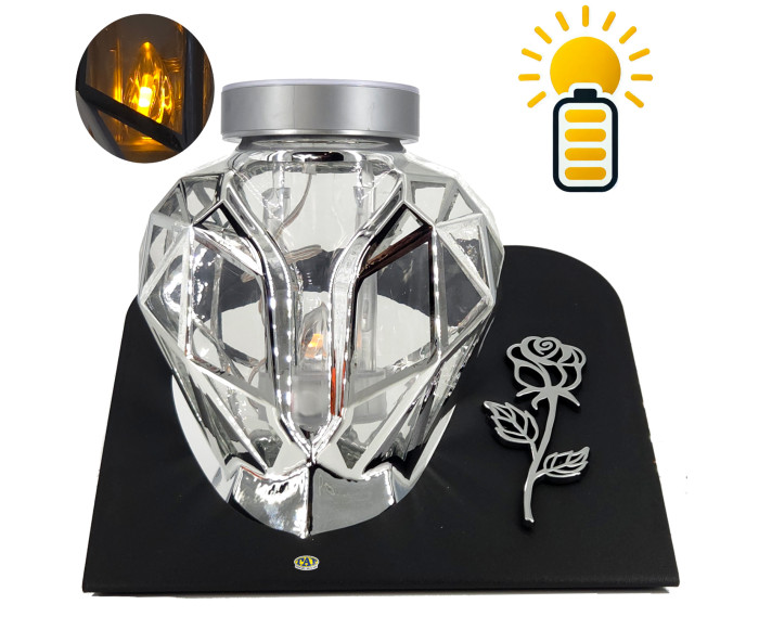 Piękny srebrny znicz Solarny LED 21cm lampion metalizowany z różą