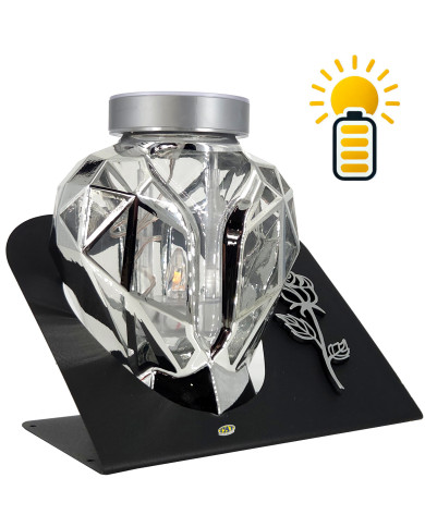 Piękny srebrny znicz Solarny LED 21cm lampion metalizowany z różą