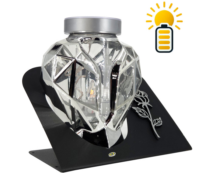 Piękny srebrny znicz Solarny LED 21cm lampion metalizowany z różą