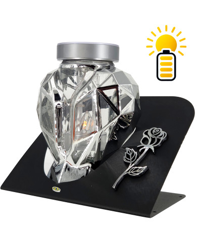 Piękny srebrny znicz Solarny LED 21cm lampion metalizowany z różą Piękny srebrny znicz Solarny LED 21cm lampion metalizowany z różą