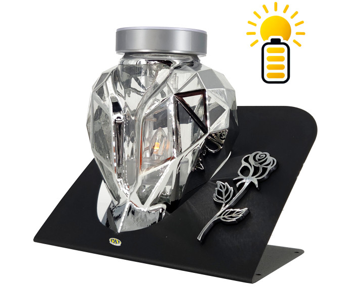 Piękny srebrny znicz Solarny LED 21cm lampion metalizowany z różą