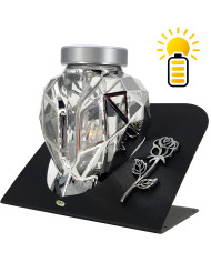 Piękny srebrny znicz Solarny LED 21cm lampion metalizowany z różą