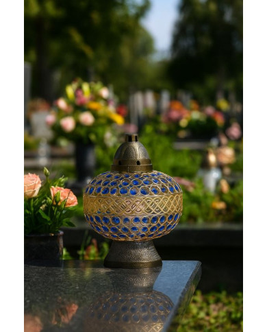 Duzy znicz 36cm Premium Big Waza Złota Niebieskie Kryształki piękny znicz Duzy znicz 36cm Premium Big Waza Złota Niebieskie Kryształki piękny znicz