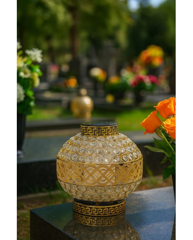 Znicz Solarny LED Premium VIP Kula Kryształowa Złota Białe Kryształki