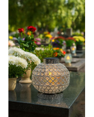 Znicz Solarny LED Premium VIP Kula Kryształowa Srebrna Białe Kryształki