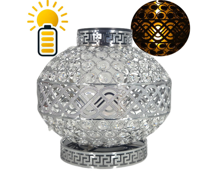 Znicz Solarny LED Premium VIP Kula Kryształowa Srebrna Białe Kryształki