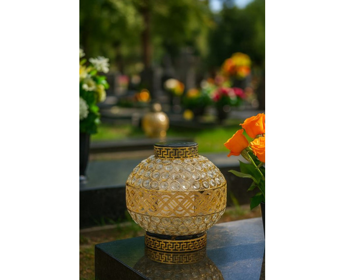 Znicz Solarny LED Premium VIP Kula Kryształowa Złota Różowe Kryształki