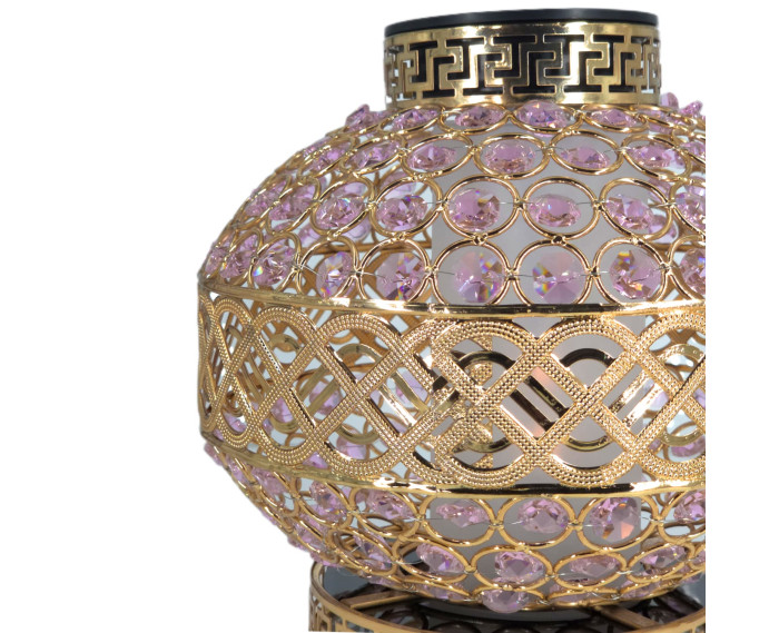 Znicz Solarny LED Premium VIP Kula Kryształowa Złota Różowe Kryształki