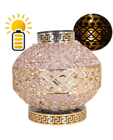 Znicz Solarny LED Premium VIP Kula Kryształowa Złota Różowe Kryształki