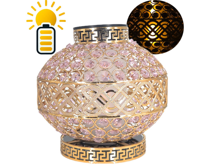 Znicz Solarny LED Premium VIP Kula Kryształowa Złota Różowe Kryształki