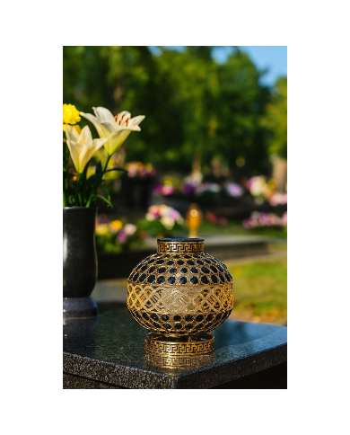 Znicz Solarny LED Premium VIP Kula Kryształowa Złota Czarne Kryształki