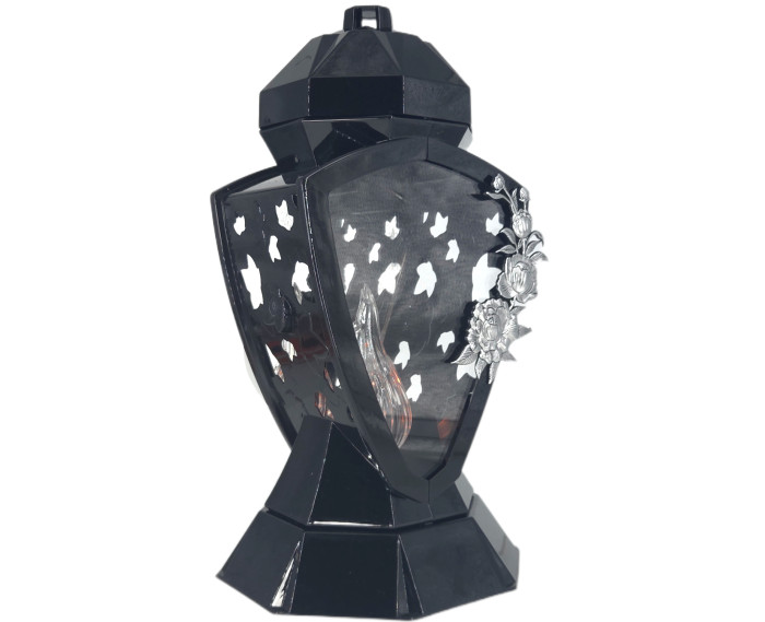 Piękny duży lampion 38cm wazon z kwiatem mak czarno srebrny