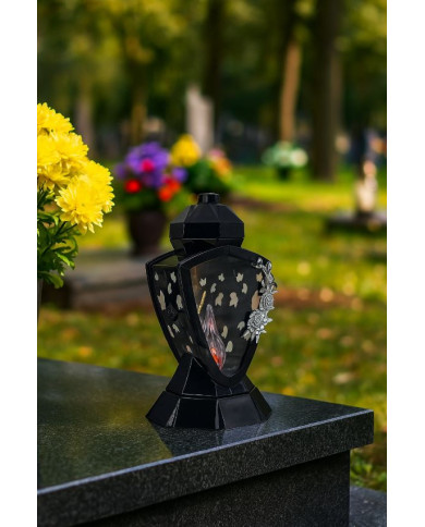 Piękny duży lampion 38cm wazon z kwiatem mak czarno srebrny Piękny duży lampion 38cm wazon z kwiatem mak czarno srebrny