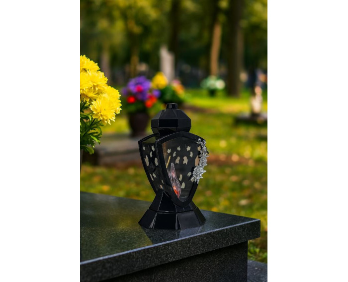 Piękny duży lampion 38cm wazon z kwiatem mak czarno srebrny