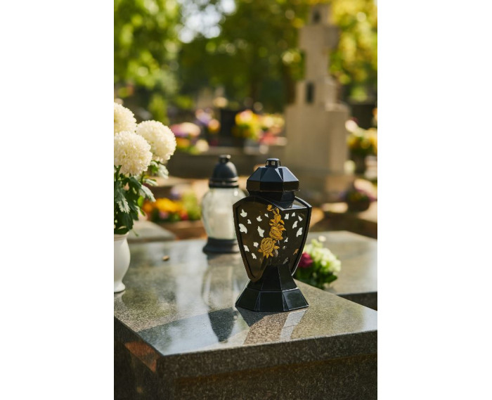 Piękny duży lampion 38cm wazon z kwiatem mak czarno złoty