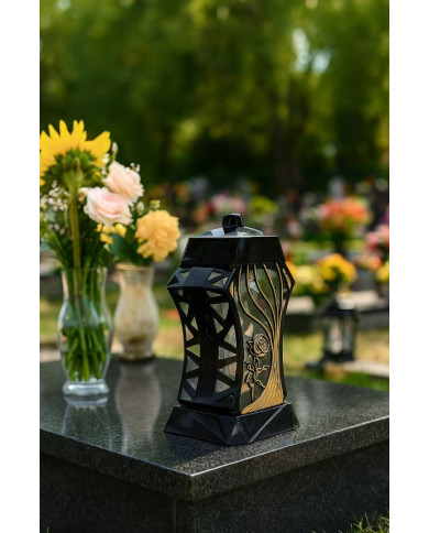 Piękny duży lampion ażur 37cm złoty czarny kapliczka z kwiatem Piękny duży lampion ażur 37cm złoty czarny kapliczka z kwiatem