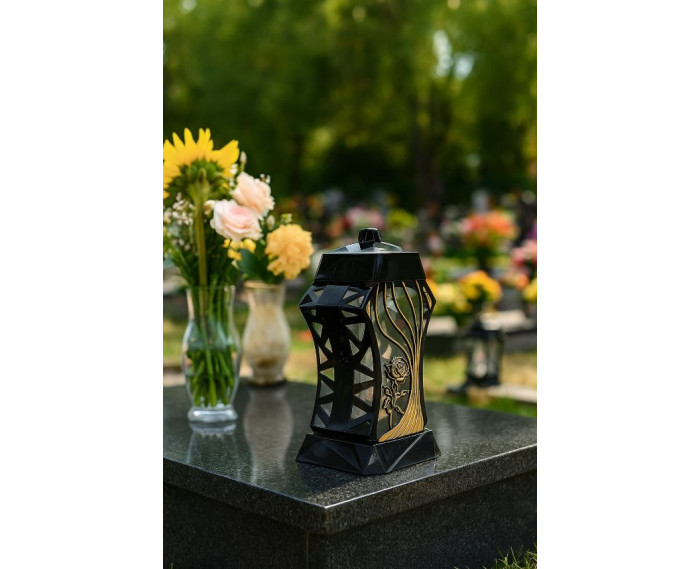 Piękny duży lampion ażur 37cm złoty czarny kapliczka z kwiatem