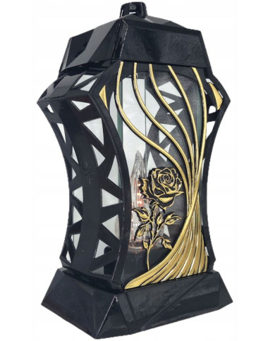 Piękny duży lampion ażur 37cm złoty czarny kapliczka z kwiatem