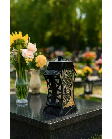 Piękny duży lampion ażur 37cm srebrny czarny kapliczka z kwiatem Piękny duży lampion ażur 37cm srebrny czarny kapliczka z kwiatem