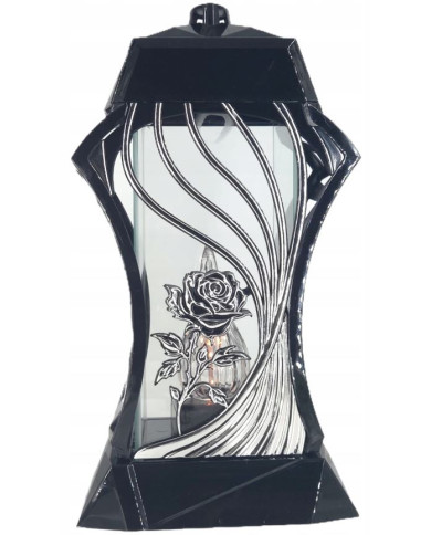 Piękny duży lampion ażur 37cm srebrny czarny kapliczka z kwiatem