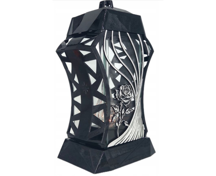 Piękny duży lampion ażur 37cm srebrny czarny kapliczka z kwiatem