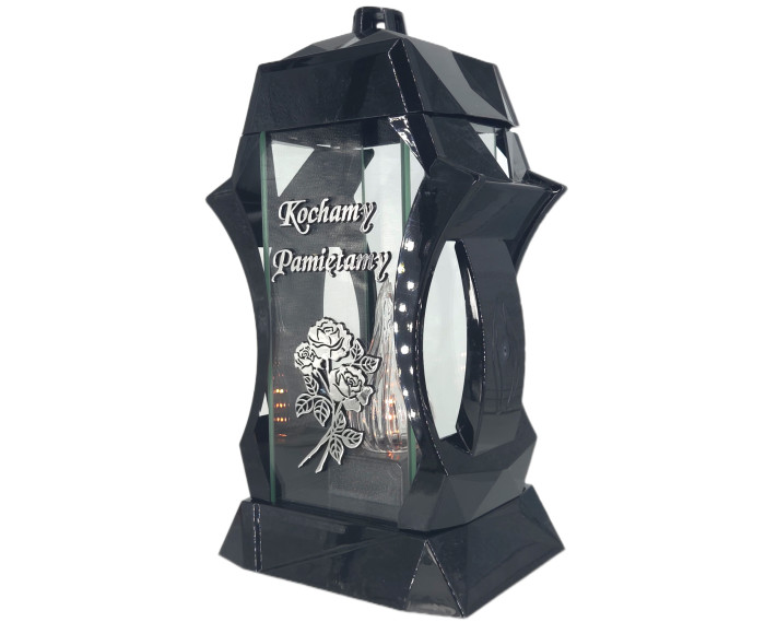 Piękny duży lampion 37cm srebrny czarny kapliczka napis kochamy pamiętamy