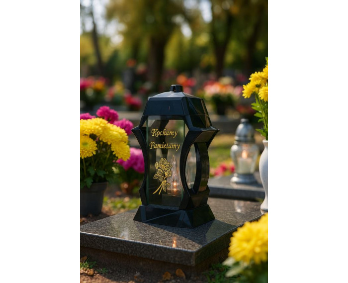 Piękny duży lampion 37cm złoty czarny kapliczka napis kochamy pamiętamy