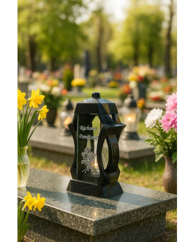 Piękny duży lampion 37cm srebrny czarny kapliczka napis kochamy pamiętamy Piękny duży lampion 37cm srebrny czarny kapliczka napis kochamy pamiętamy