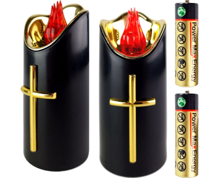 Piękna ozdobna świeca ze złotym krzyżem i żółtym płomieniem - Wąska Lana Czarna Rico 12,5/15/17,5 cm