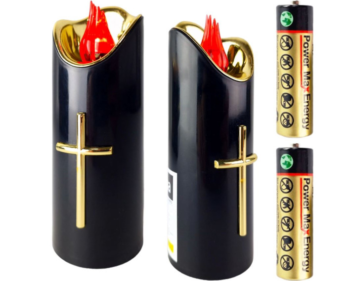 Piękna ozdobna świeca ze złotym krzyżem i żółtym płomieniem - Wąska Lana Czarna Rico 12,5/15/17,5 cm