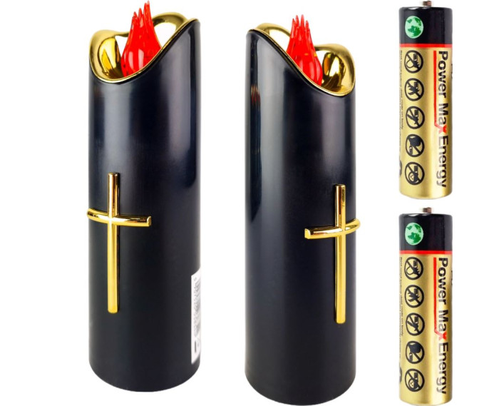 Piękna ozdobna świeca ze złotym krzyżem i żółtym płomieniem - Wąska Lana Czarna Rico 12,5/15/17,5 cm