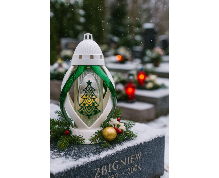 Znicz na boże narodzenie choinka metalizowany biało zielony piękny 29cm